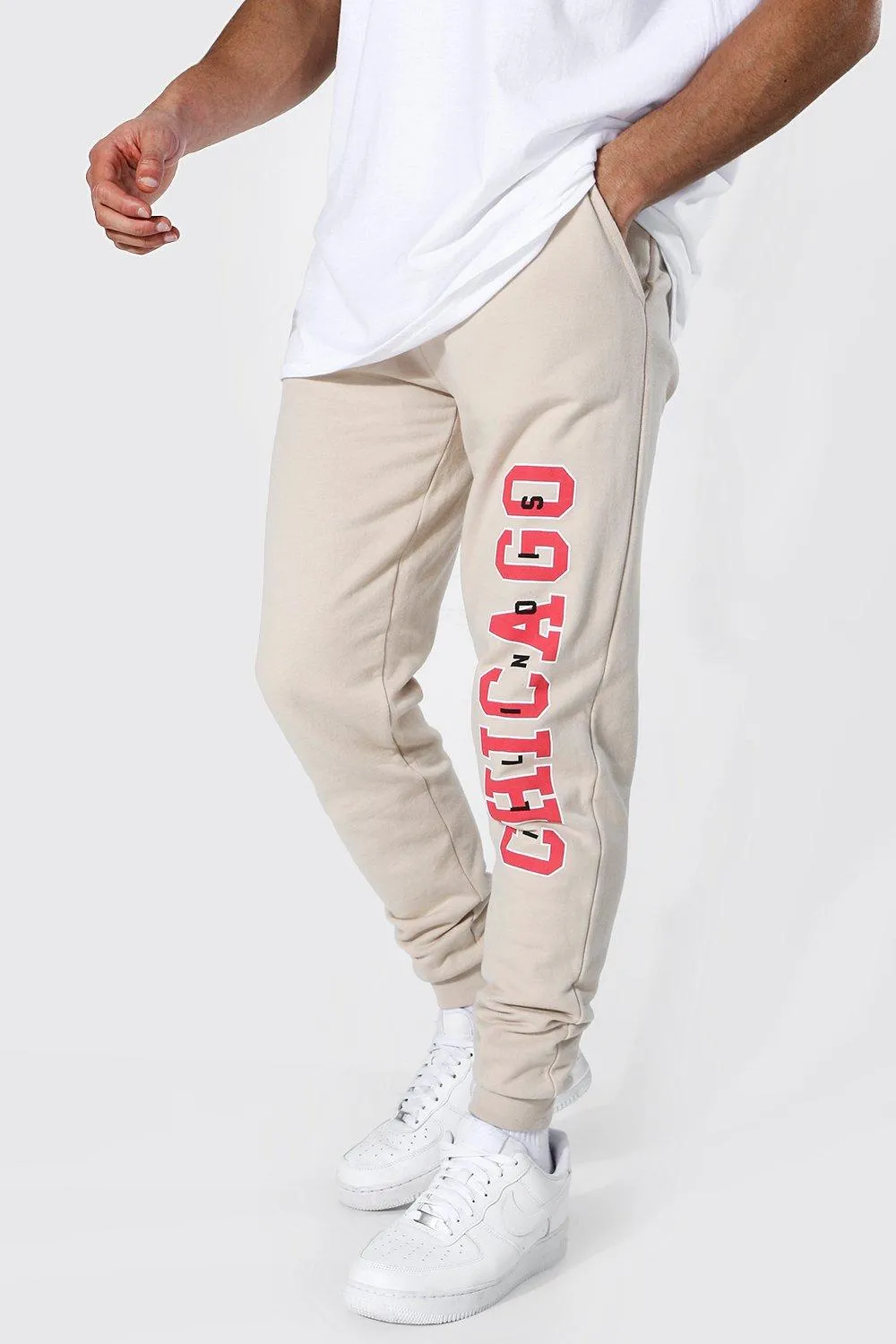 Regular Fit Varsity Chicago Print Joggers | boohooMAN UK