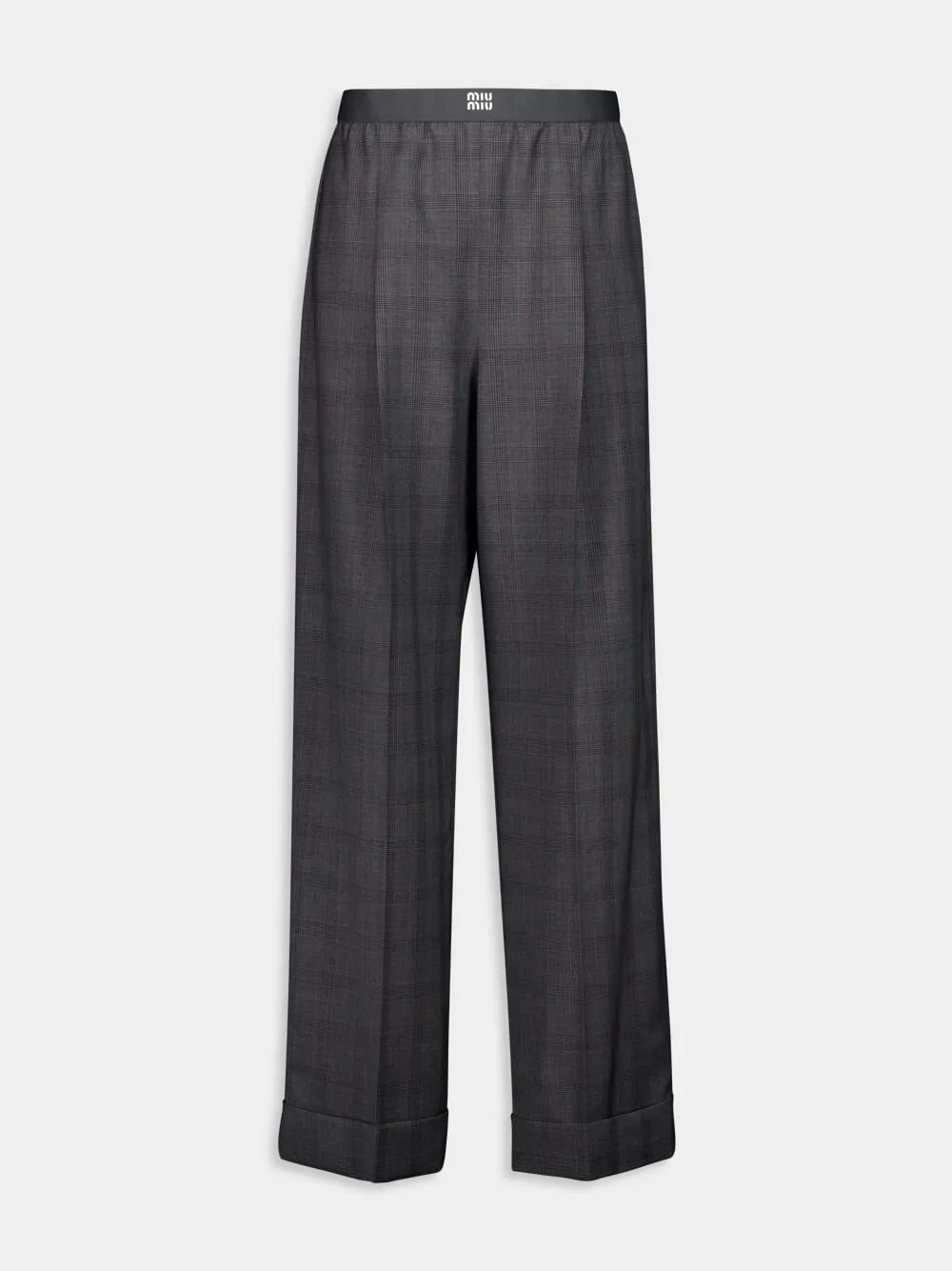 Slate Grey Prince of Wales Straight-Leg Wool Trousers