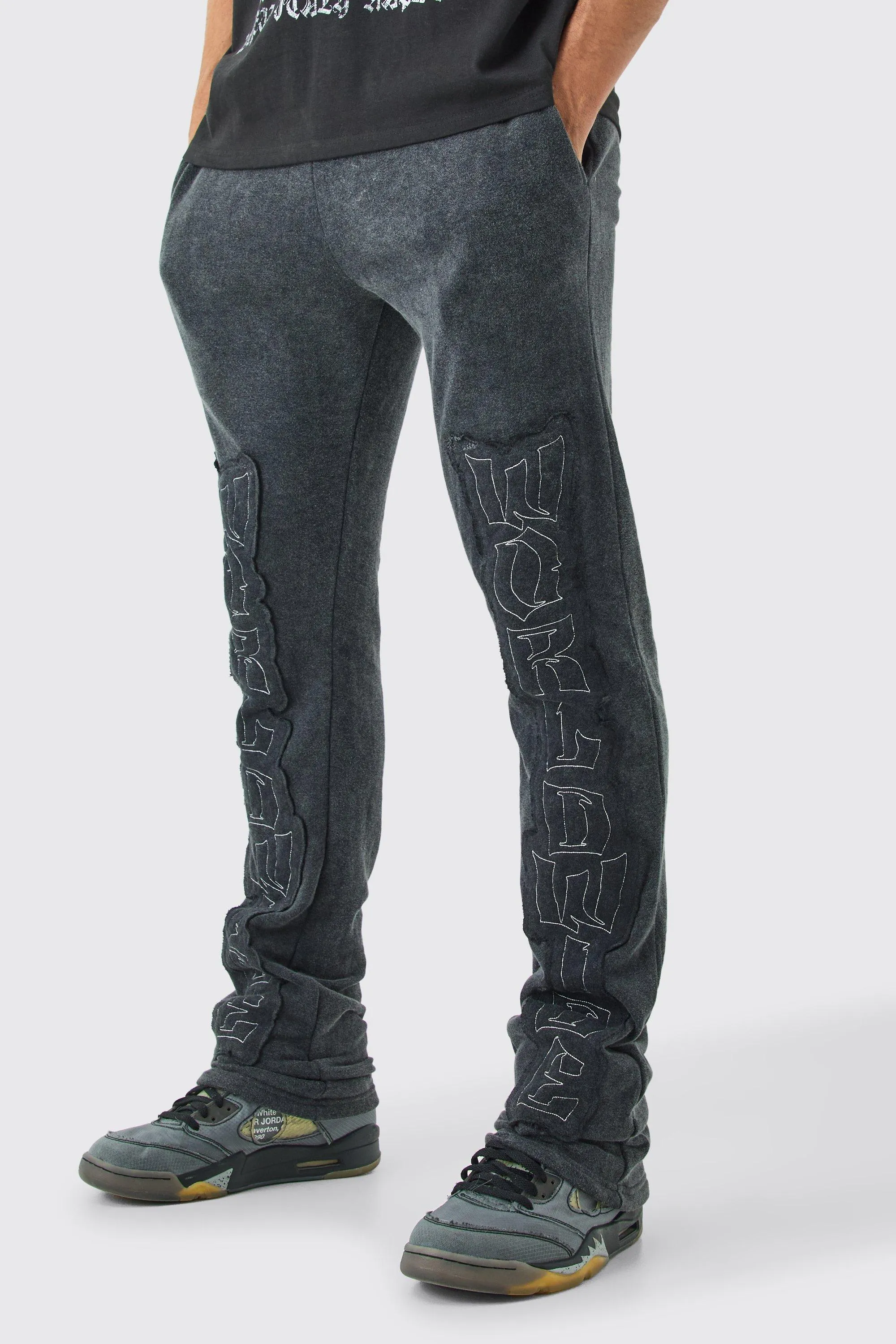 Slim Flared Worldwide Raw Edge Applique Joggers