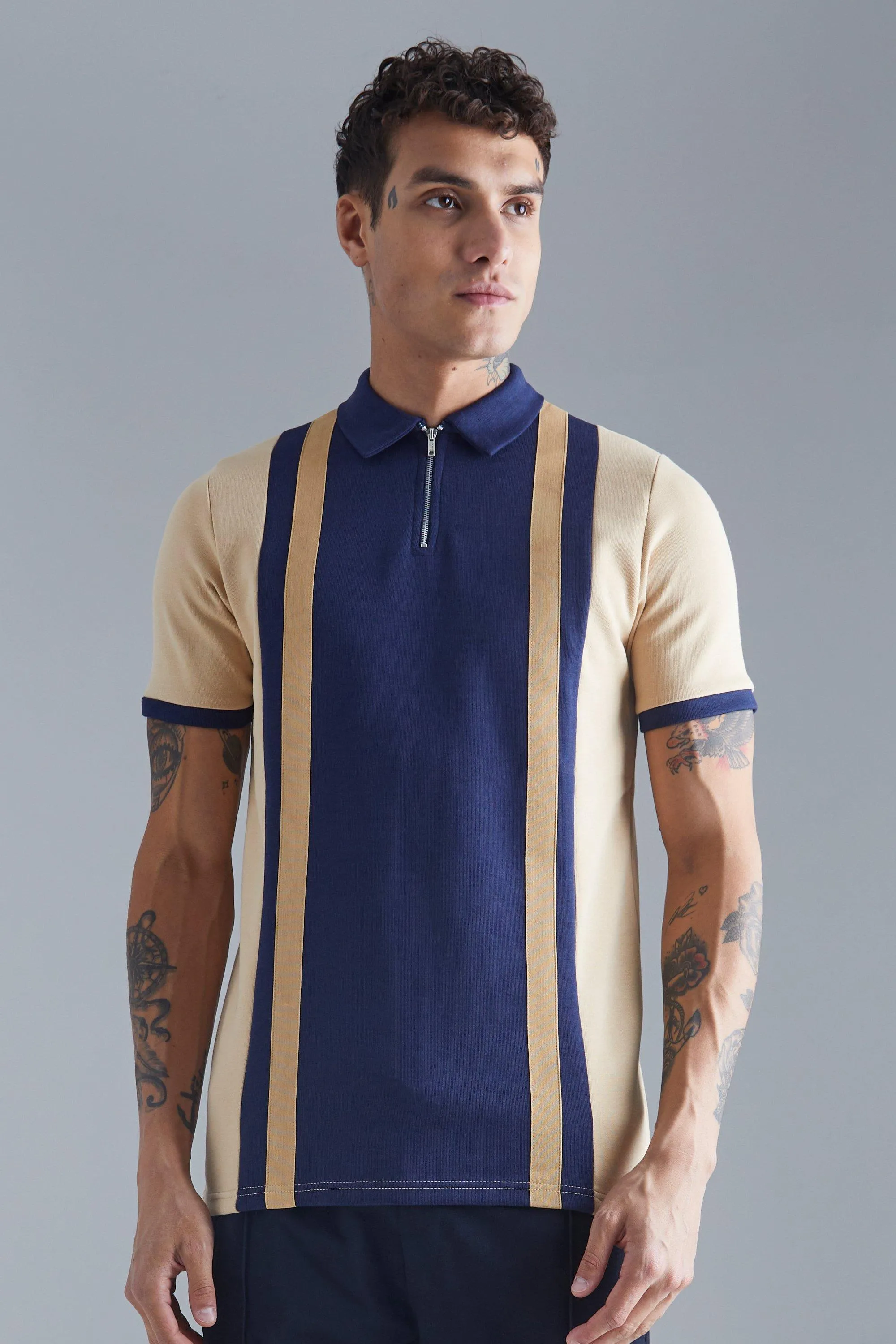 Slim Panelled Interlock Polo | boohooMAN UK