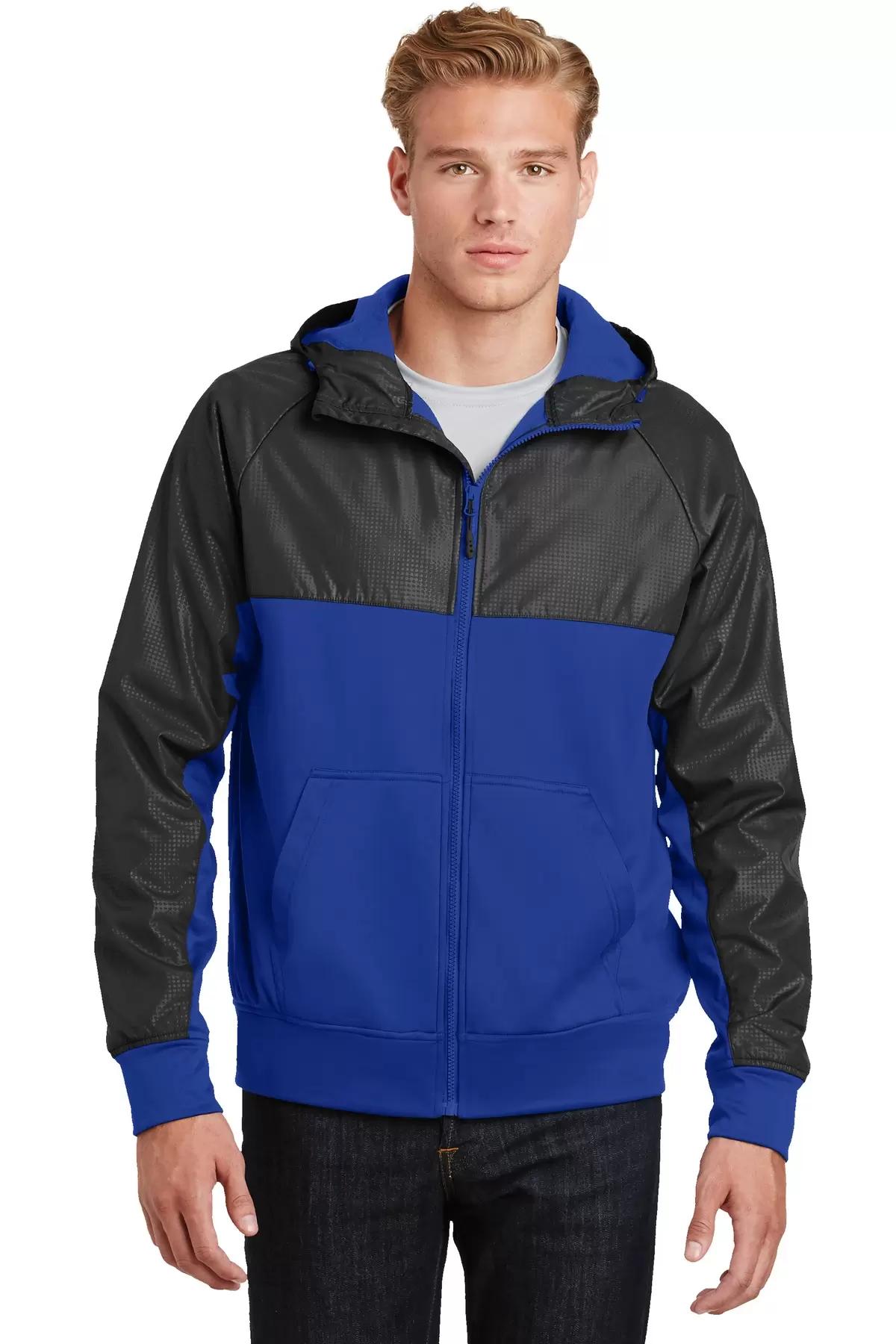 Sport Tek JST50 Sport-Tek Embossed Hybrid Full-Zip Hooded Jacket SKU: JST50