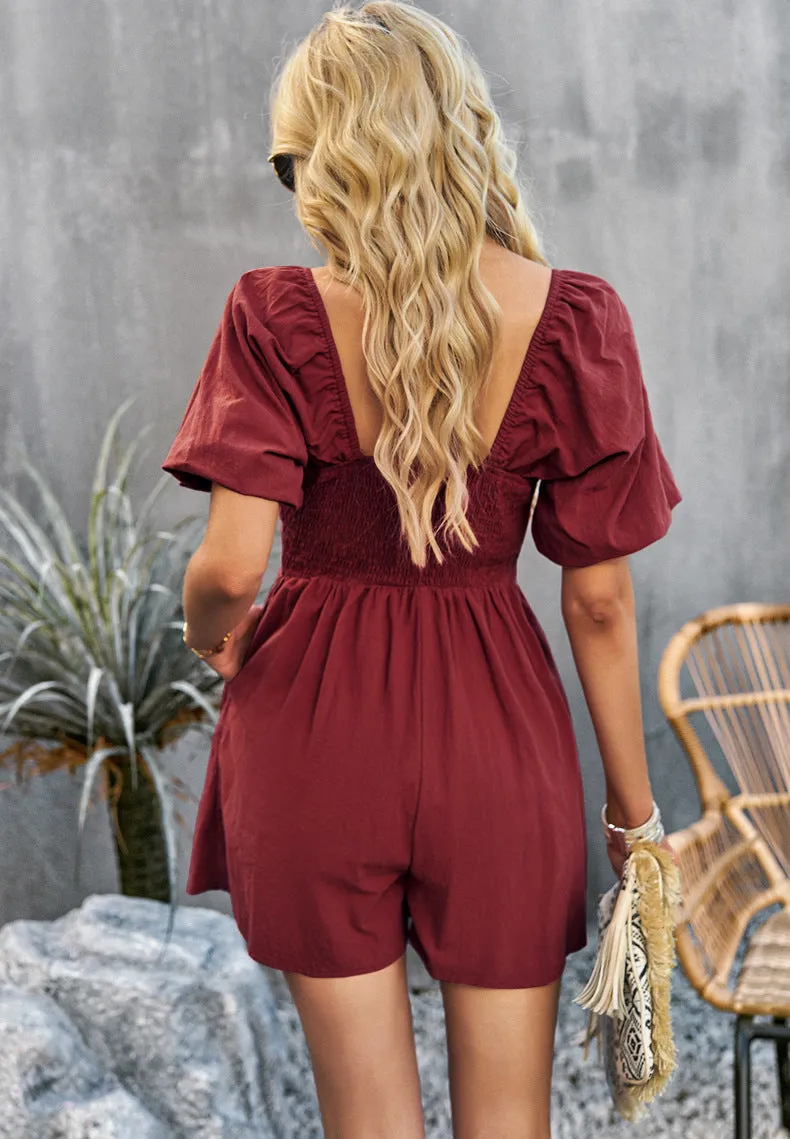 Square Neck Short Sleeve Smocked Romper