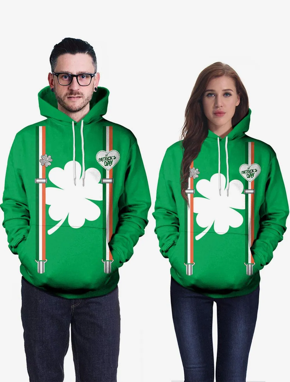 St Patricks Day Green Hoodie Clover Printed Top Irish Unisex Hooded Pullover Sweatshirt Halloween