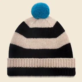 Stripe Pom Pom Lambswool Hat - Oatmeal/Black