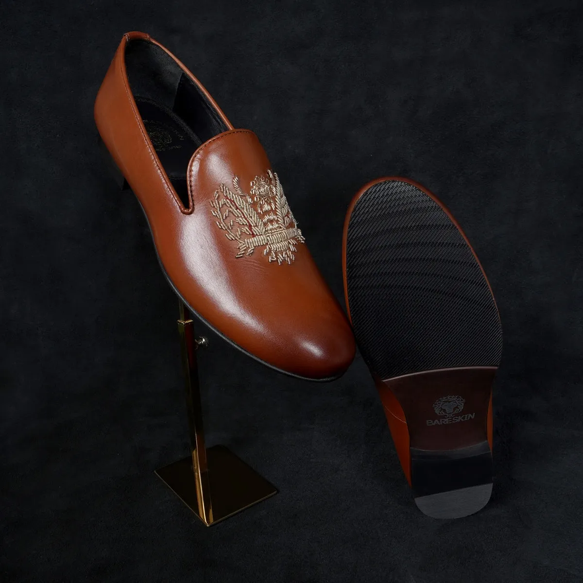 Tan Genuine Leather Slip-On Shoes For Men with Eagle Crest Zardoasi