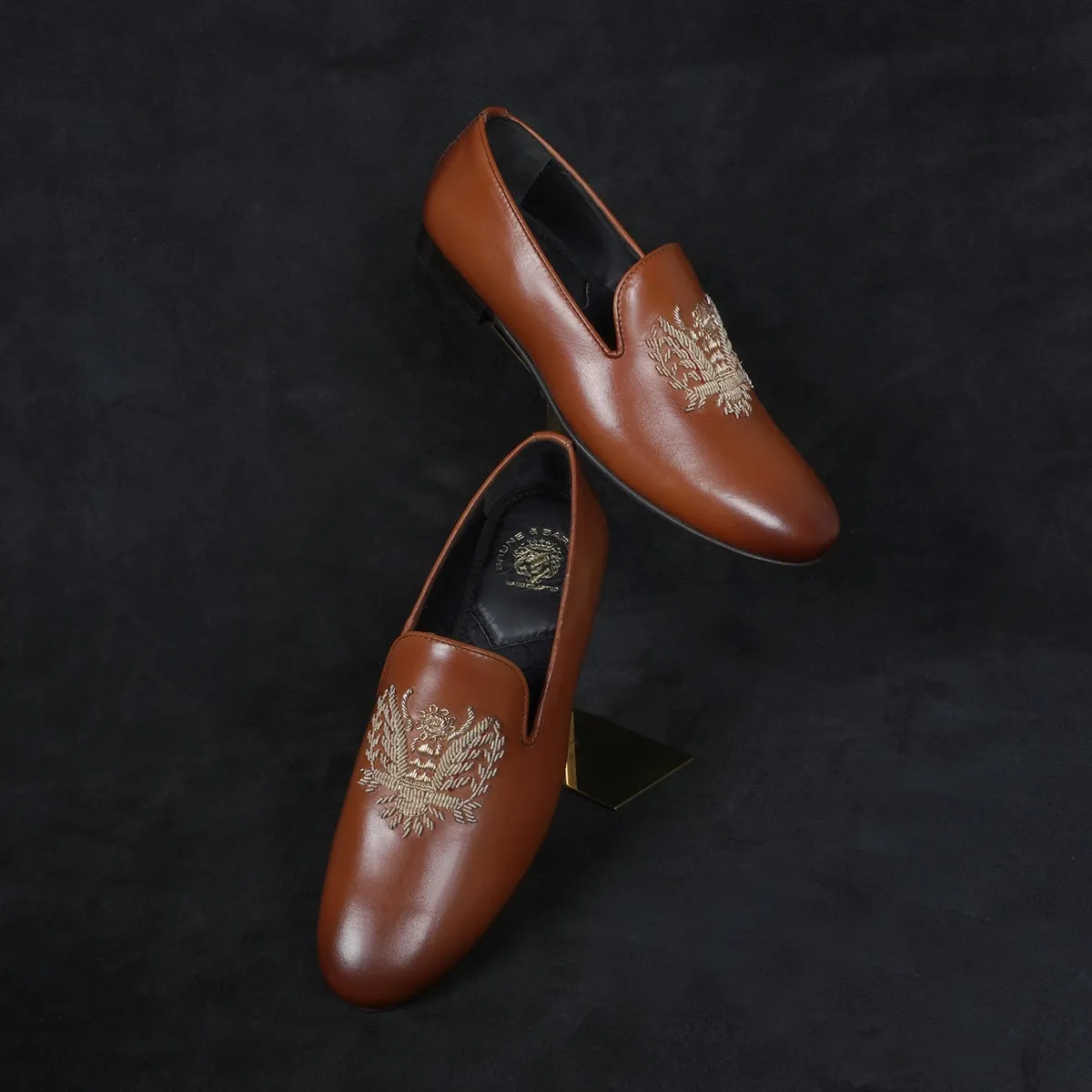 Tan Genuine Leather Slip-On Shoes For Men with Eagle Crest Zardoasi