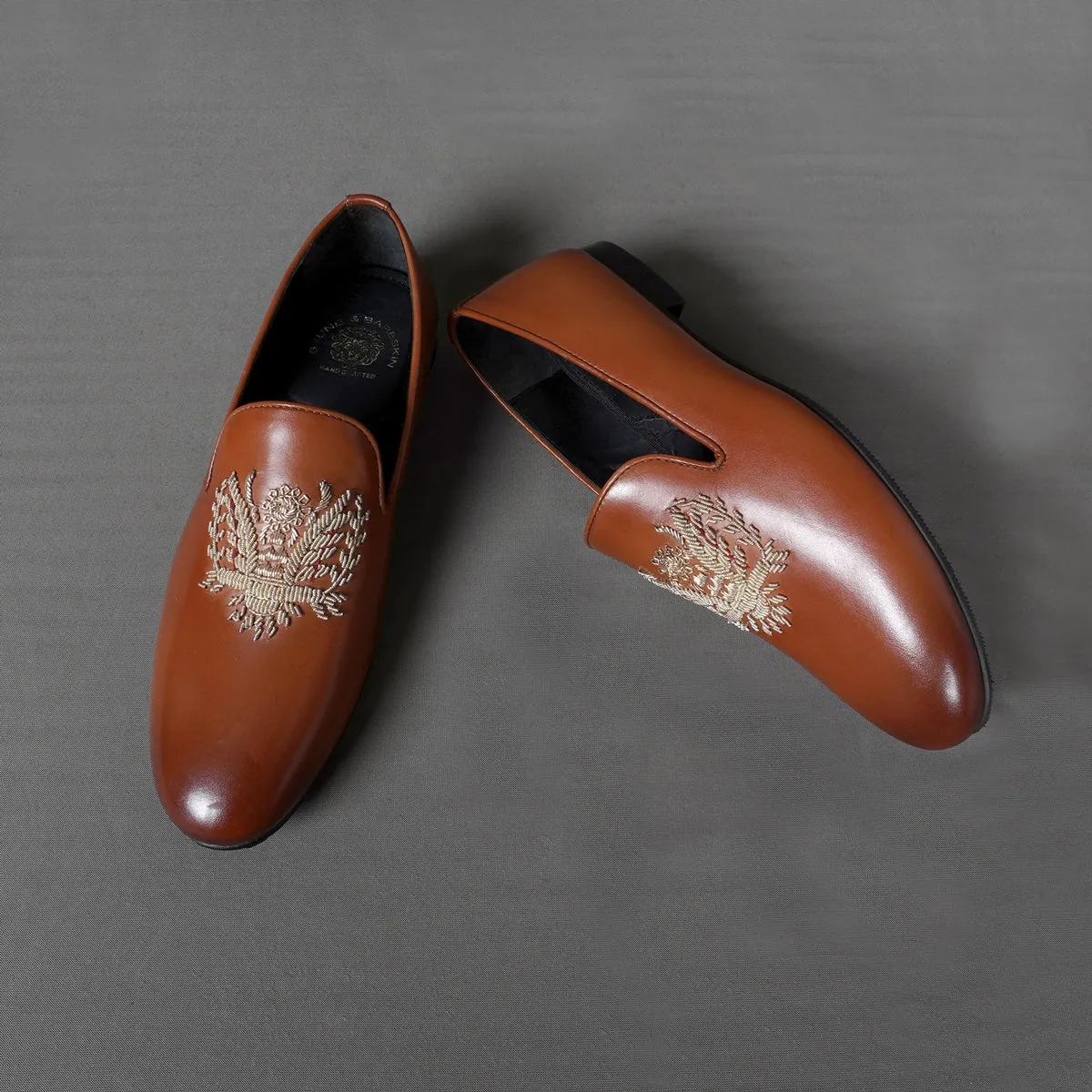 Tan Genuine Leather Slip-On Shoes For Men with Eagle Crest Zardoasi