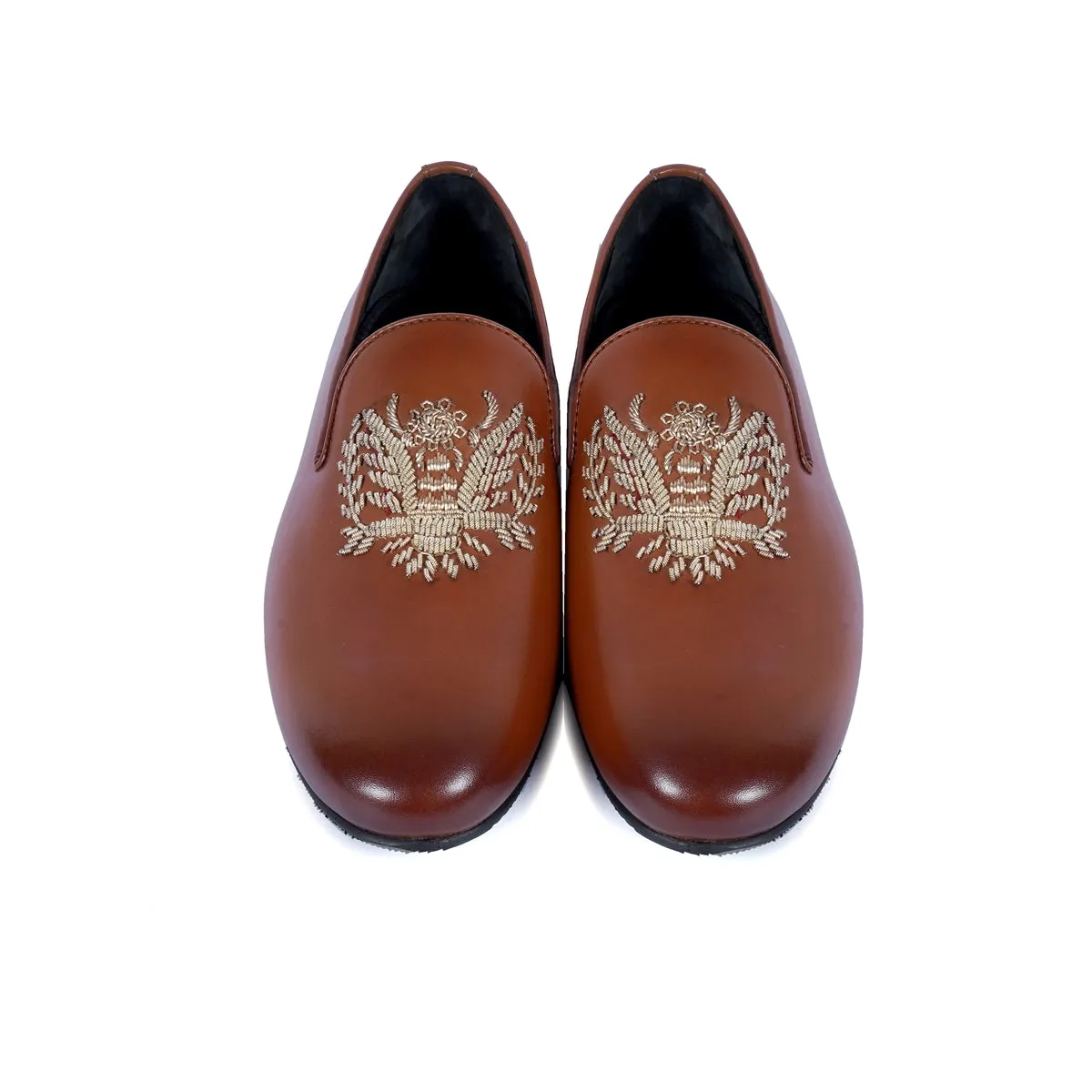 Tan Genuine Leather Slip-On Shoes For Men with Eagle Crest Zardoasi