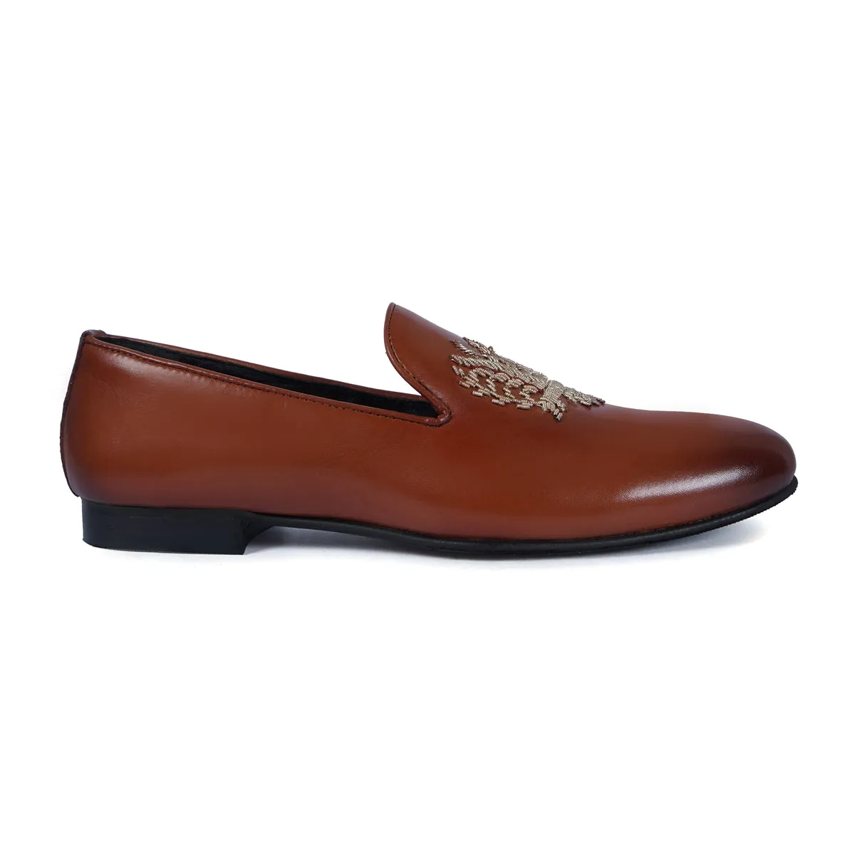 Tan Genuine Leather Slip-On Shoes For Men with Eagle Crest Zardoasi