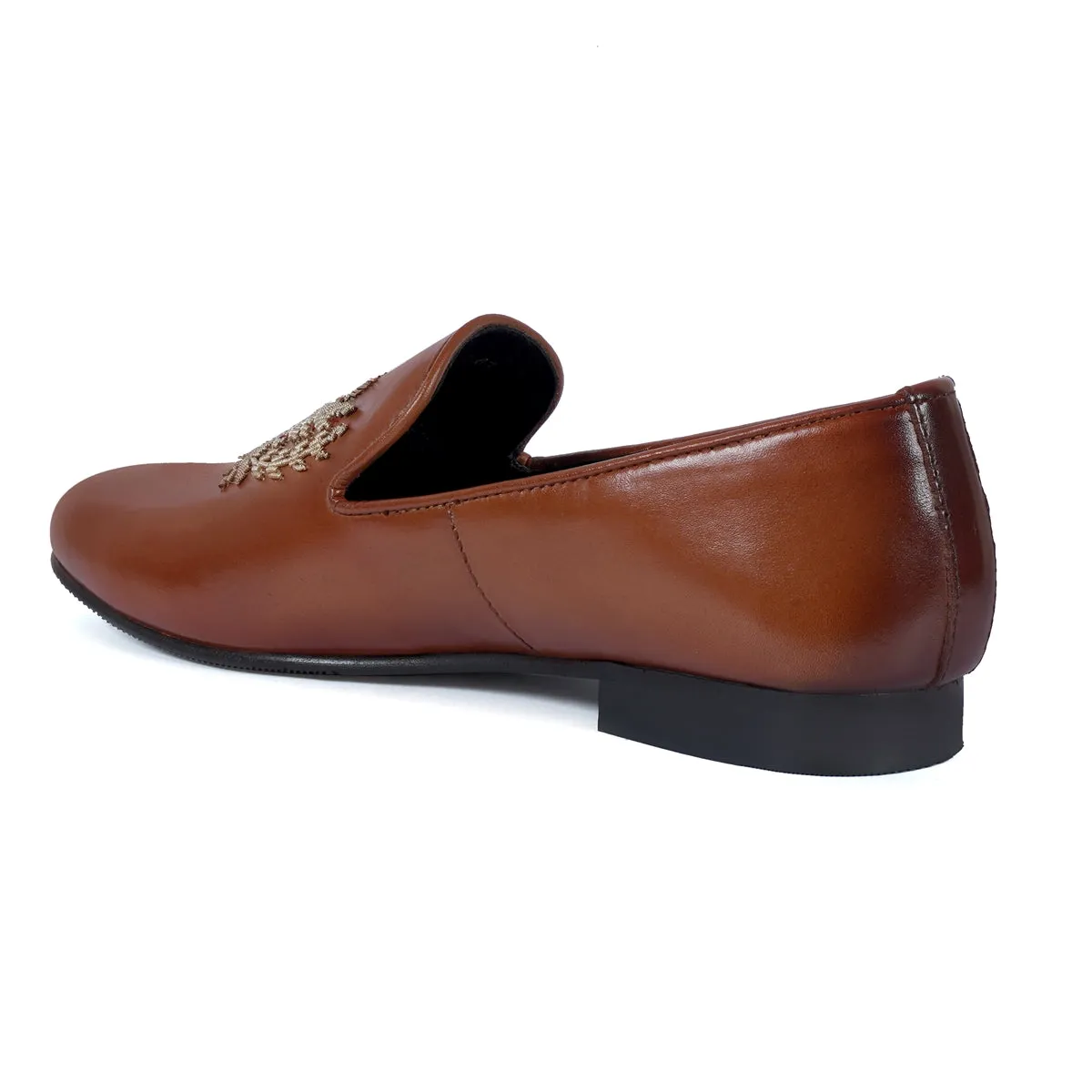 Tan Genuine Leather Slip-On Shoes For Men with Eagle Crest Zardoasi