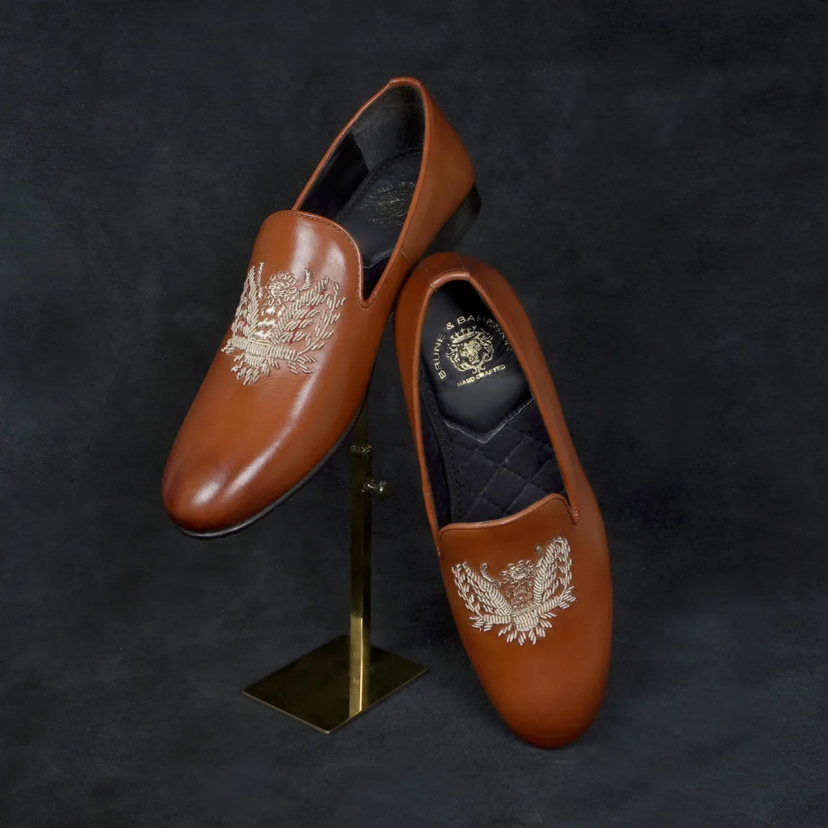 Tan Genuine Leather Slip-On Shoes For Men with Eagle Crest Zardoasi