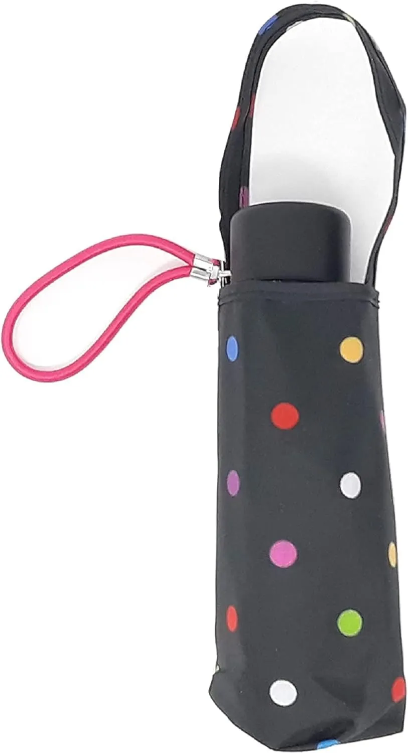 Totes Micro Mini Manual Compact Umbrella, NeverWet technology, Colorful dots on black, 38 arc Coverage