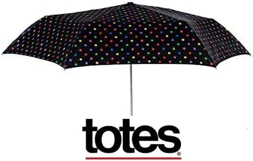 Totes Micro Mini Manual Compact Umbrella, NeverWet technology, Colorful dots on black, 38 arc Coverage