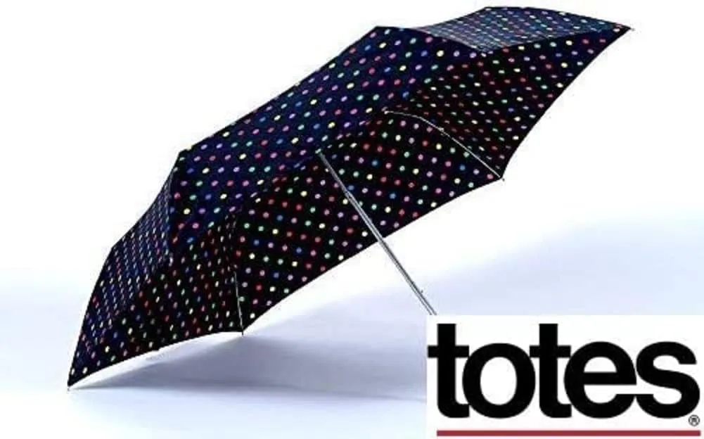 Totes Micro Mini Manual Compact Umbrella, NeverWet technology, Colorful dots on black, 38 arc Coverage