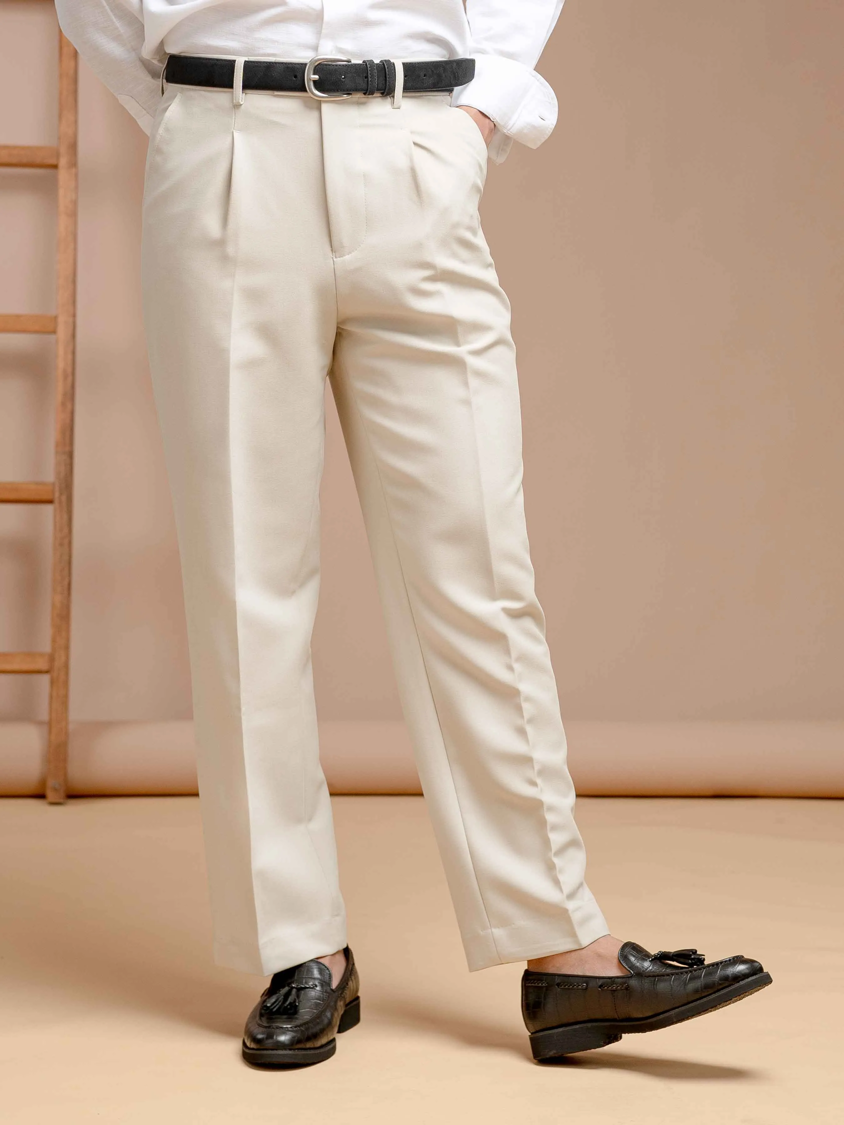 Trousers With Belt Loop - Sand White Plain (Wide Fit)