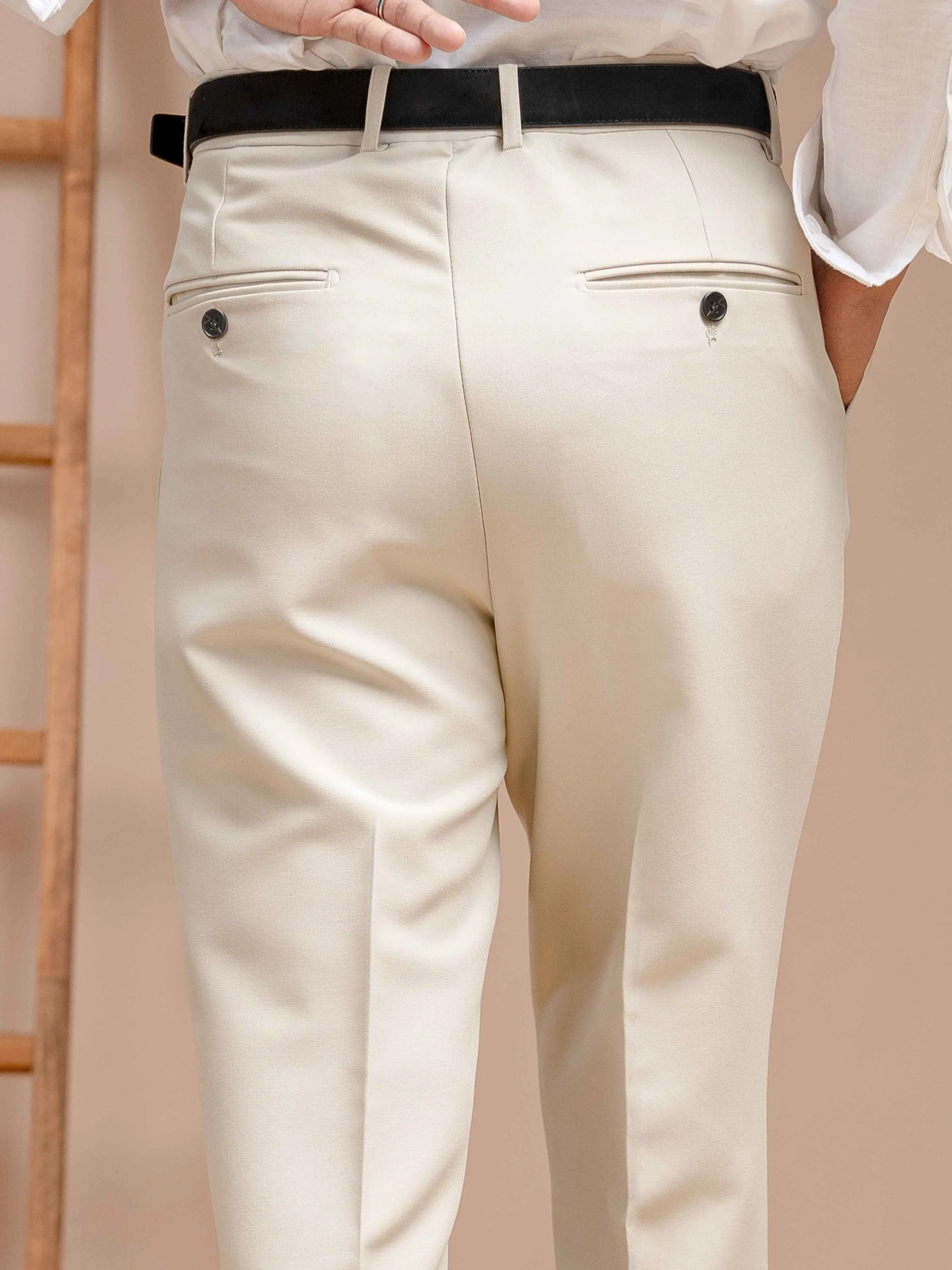 Trousers With Belt Loop - Sand White Plain (Wide Fit)