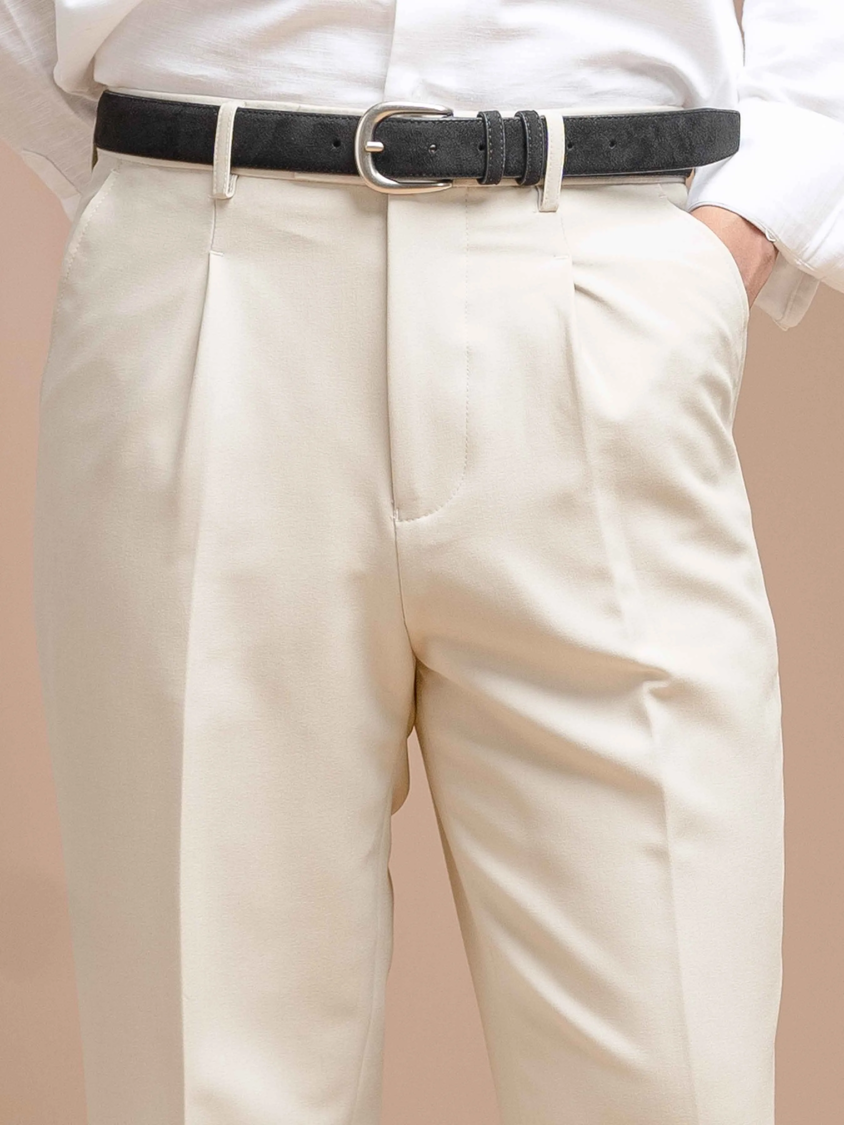 Trousers With Belt Loop - Sand White Plain (Wide Fit)