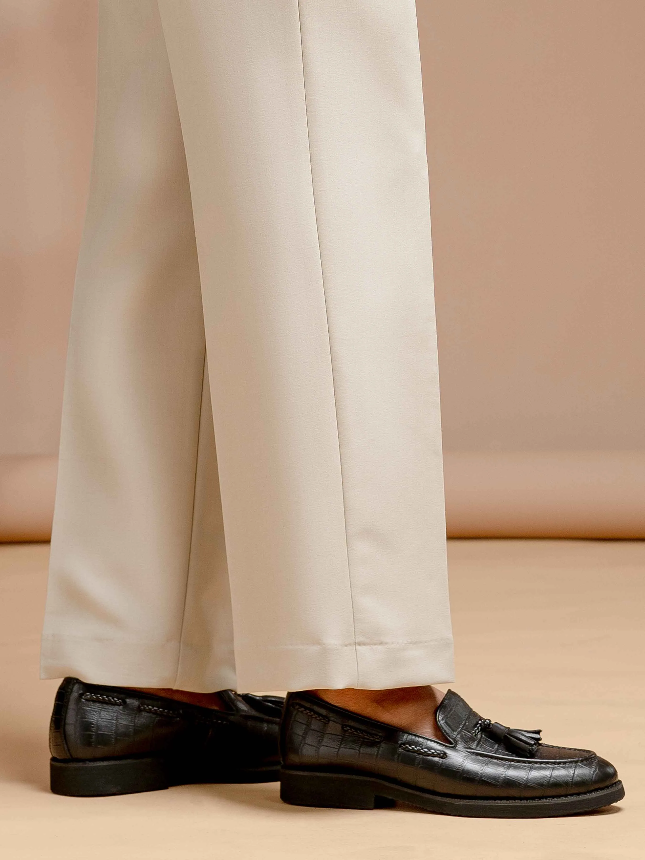 Trousers With Belt Loop - Sand White Plain (Wide Fit)