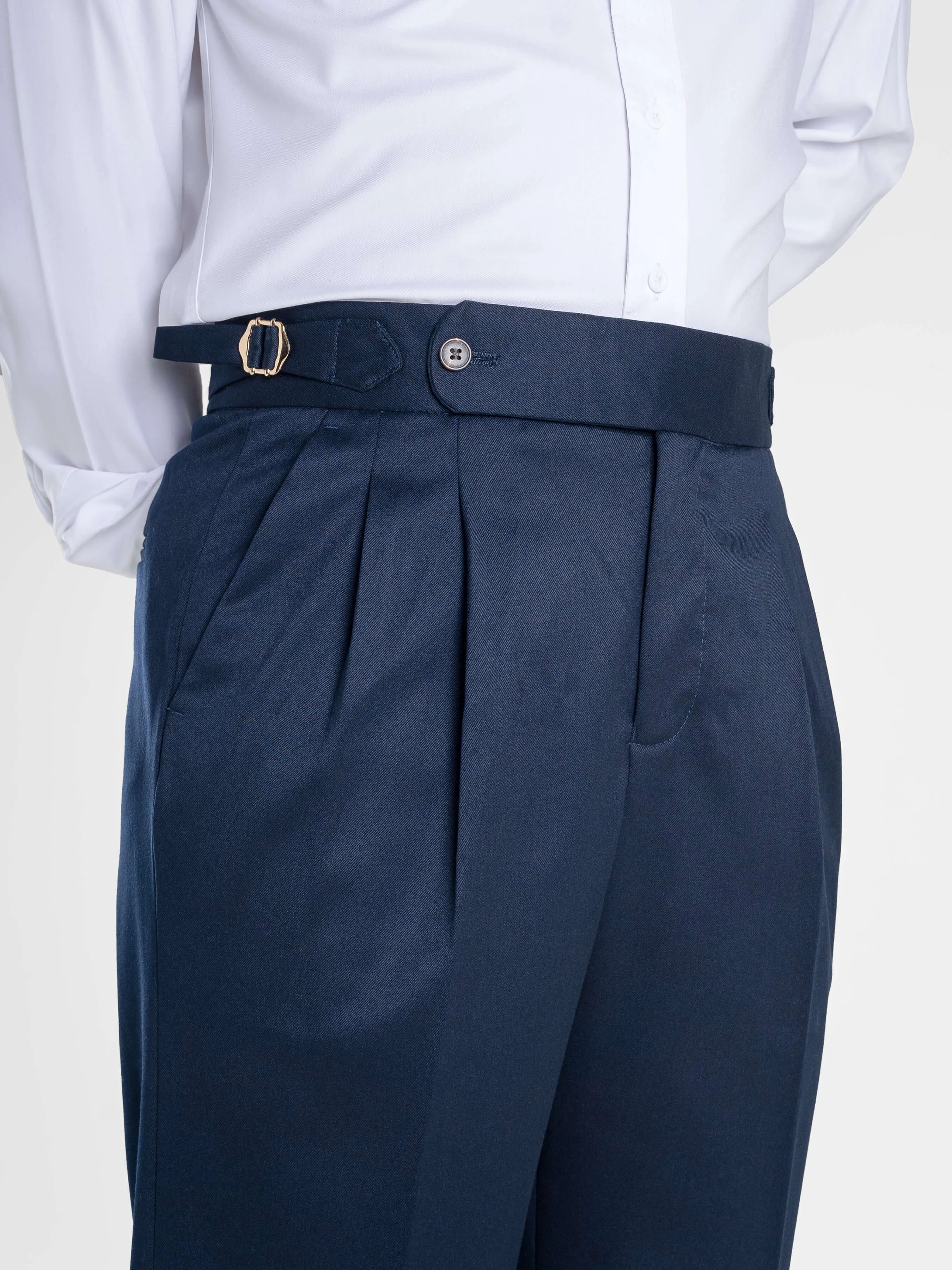 Trousers With Side Adjusters - Deep Blue Plain Cuffed (Stretchable)