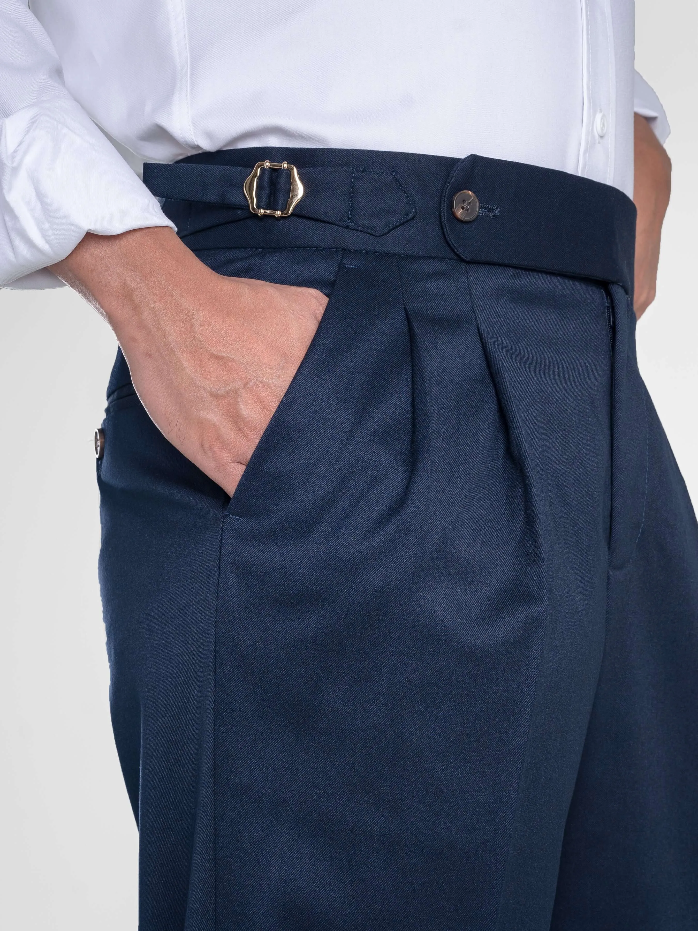 Trousers With Side Adjusters - Deep Blue Plain Cuffed (Stretchable)