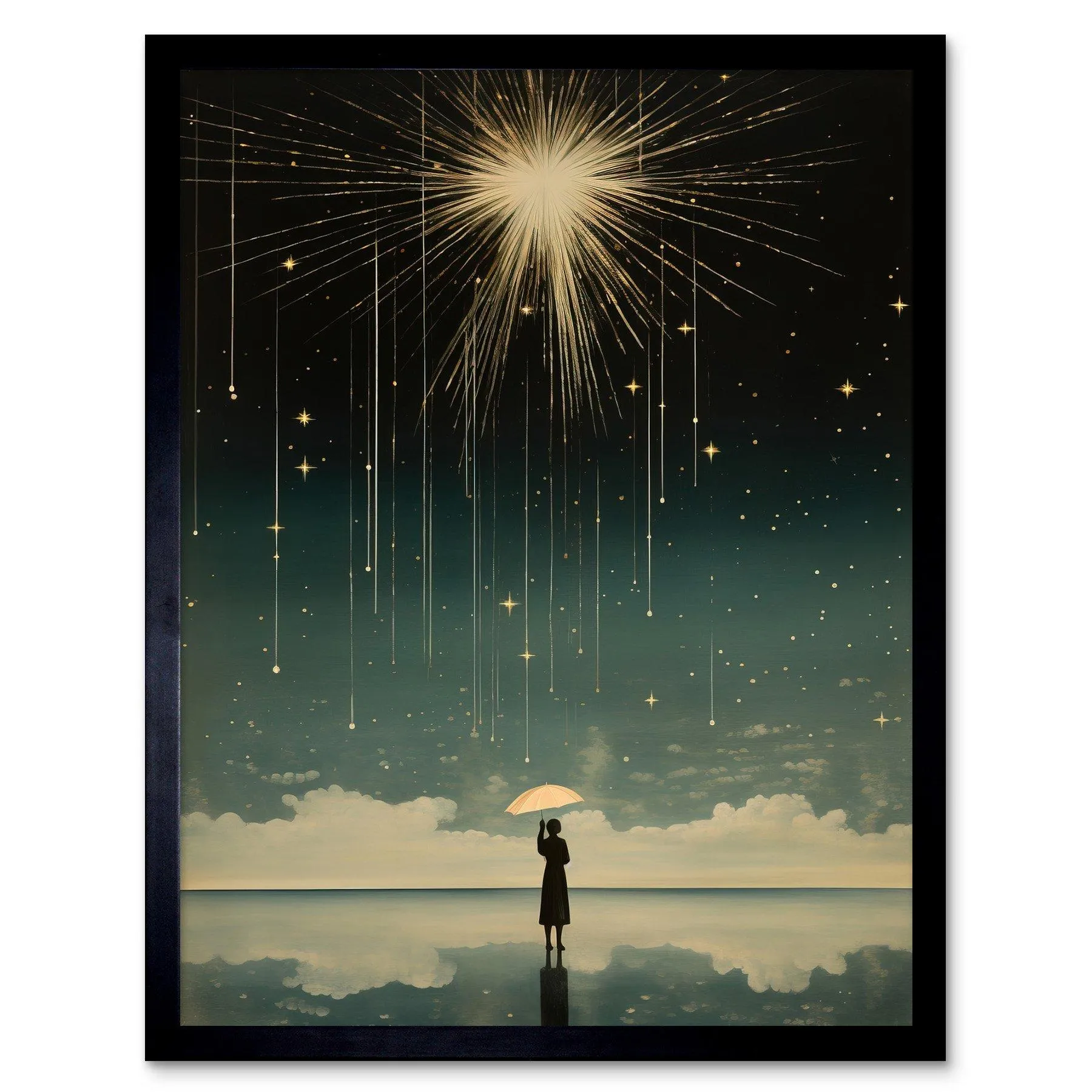 Wall Art & Pictures | Wall Art Print Falling Star Rain Dreamy Artwork Bright Star Wish Woman with Umbrella Fairytale Dreamsc