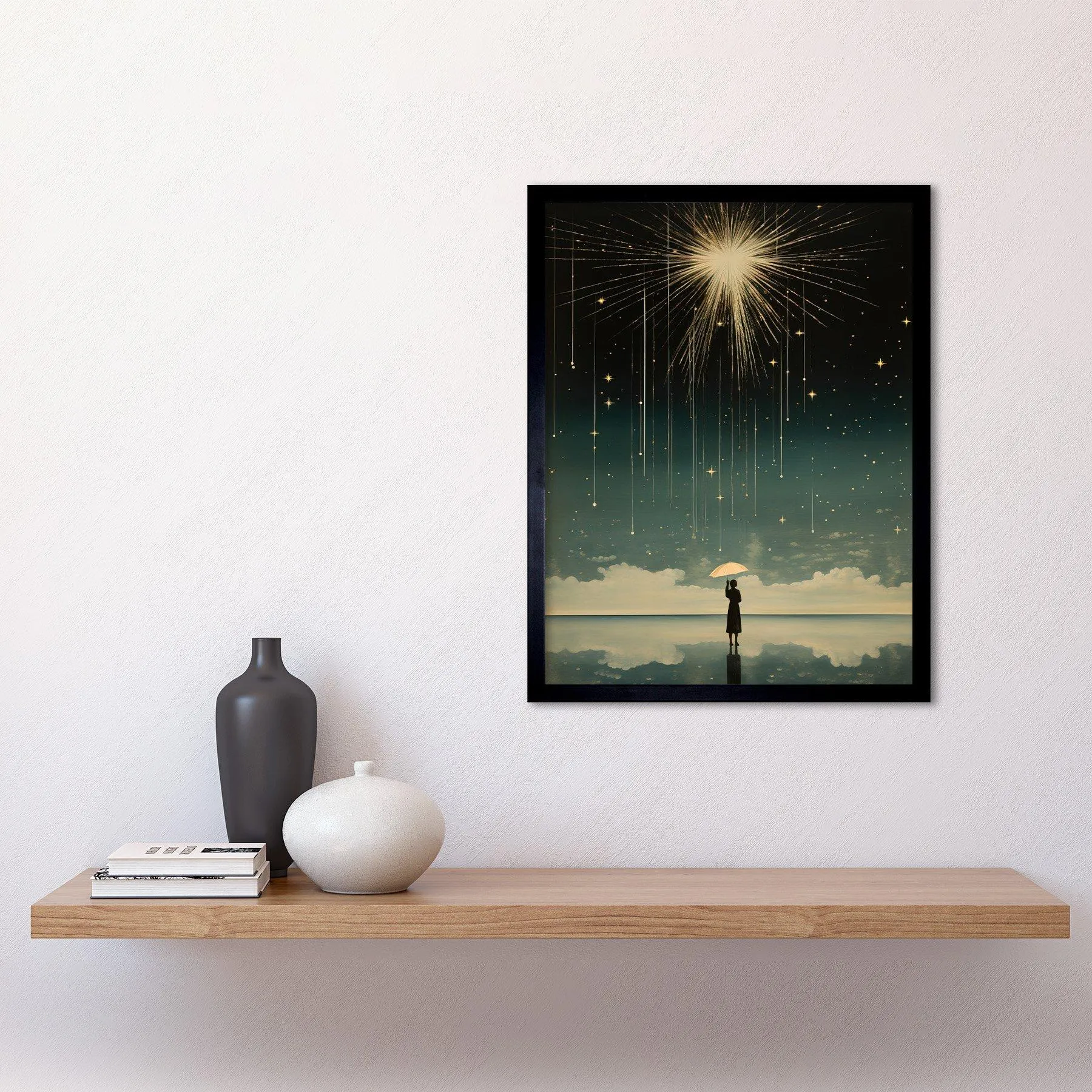 Wall Art & Pictures | Wall Art Print Falling Star Rain Dreamy Artwork Bright Star Wish Woman with Umbrella Fairytale Dreamsc