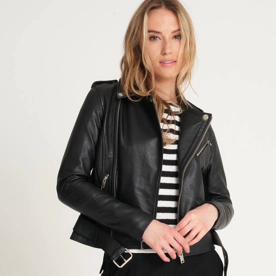 Women's 'Emma' Belted Leather Biker Jacket - Barneys Originals