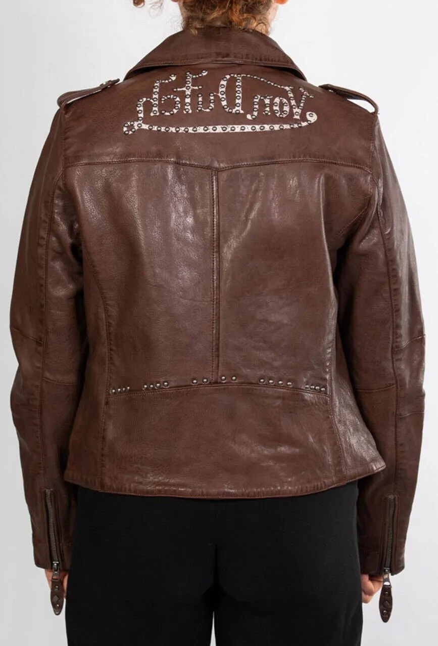 Women's bison biker style leather jacket in rose garden lacosta