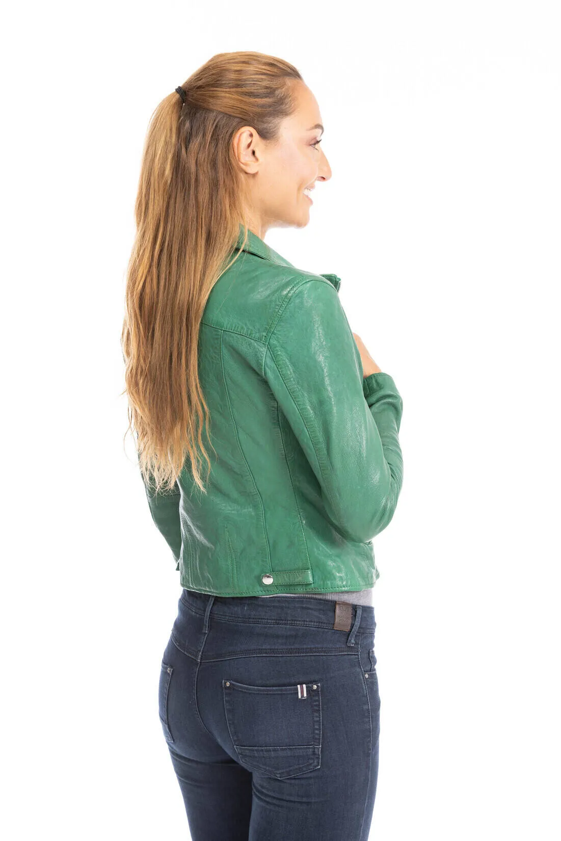 Women's leather jacket biker style holly green olympe