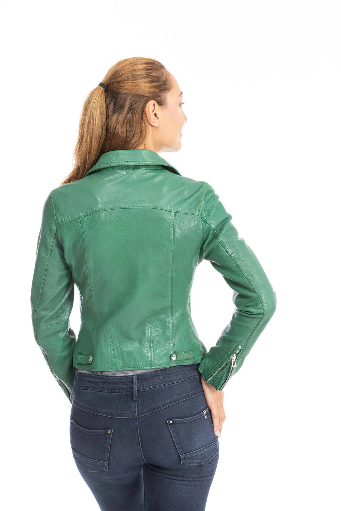 Women's leather jacket biker style holly green olympe