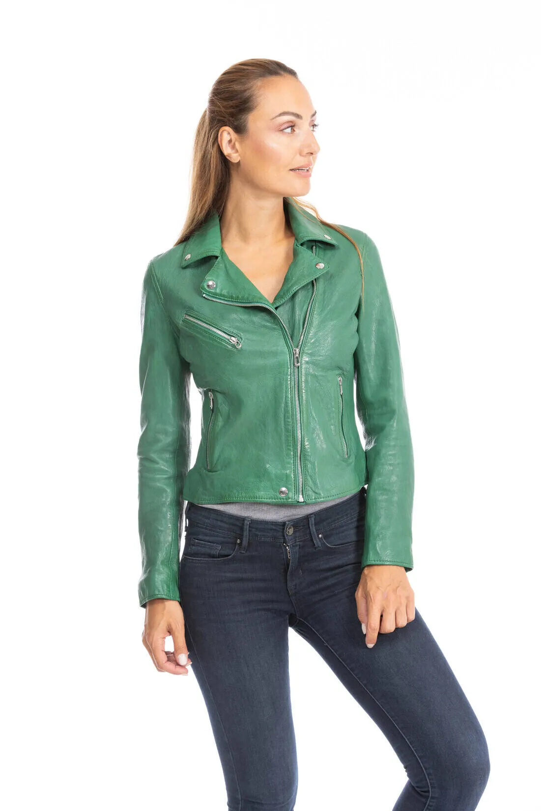 Women's leather jacket biker style holly green olympe