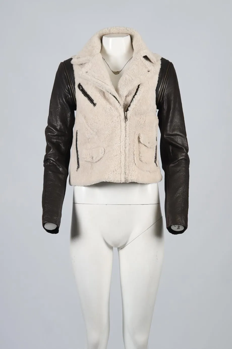 YIGAL AZROUEL SHEARLING AND LEATHER BIKER JACKET US 6 UK 10